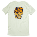 Hell Yes Volleyball T-shirt back design. Cool type treatment with the words Hell Yes and volleyball. Shirt is Citron which is a very light green. The word hell is in orange. The word yes is yellow
