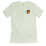 Hell Yes Volleyball T-shirt pocket design. Cool type treatment with the words Hell Yes and volleyball. The shirt is Citron which is a very light green. The word hell is in orange. The word yes is yellow