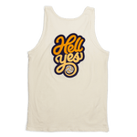 Hell Yes Volleyball Tank top back. Cool type treatment with the words Hell Yes and volleyball. Shirt is natural color. Hell is in the color orange. Yes is yellow.