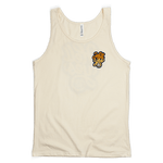 Hell Yes Pocket art Volleyball Tank top. Cool type treatment with the words Hell Yes and volleyball. Shirt is natural color. Hell is in the color orange. Yes is yellow.
