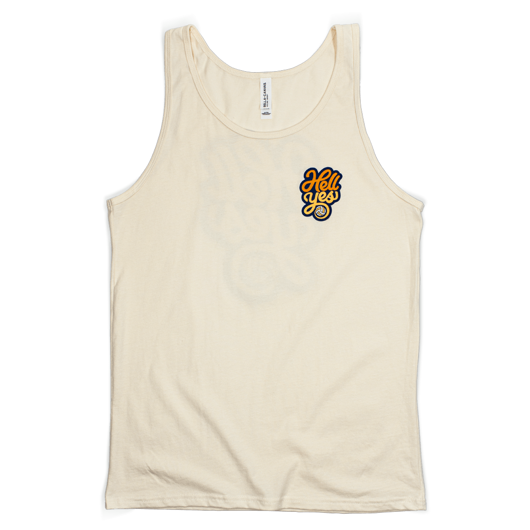 Hell Yes Pocket art Volleyball Tank top. Cool type treatment with the words Hell Yes and volleyball. Shirt is natural color. Hell is in the color orange. Yes is yellow.
