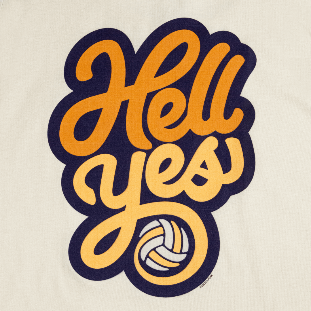 Hell Yes close up of Graphic of a cool type treatment incorporating the words Hell Yes with volleyball. Hell is in the color orange. Yes is yellow.