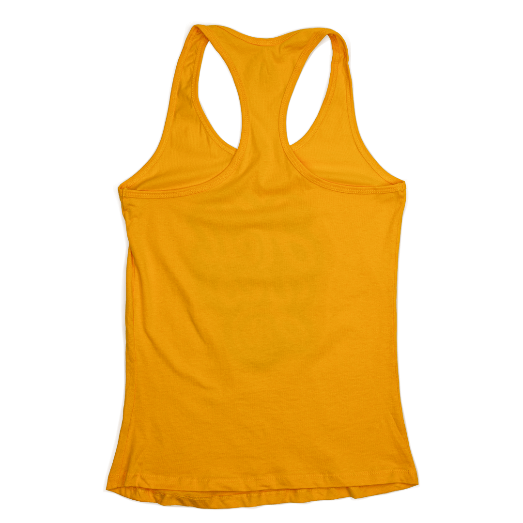 Back of tank top. Tank top is yellow orange. No art is on the back of the shirt.