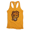 Hell Yes women's tank top. Front. Cool graphic treatment of the words Hell yes with a volleyball. Tank top is a yellow orange. Hell is in orange. Yes is in yellow.