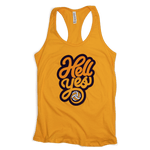 Hell Yes women's tank top. Front. Cool graphic treatment of the words Hell yes with a volleyball. Tank top is a yellow orange. Hell is in orange. Yes is in yellow.
