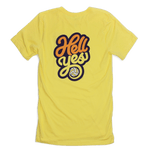 Hell Yes Volleyball T-shirt back T-shirt is yellow. Cool type treatment with the words Hell Yes and volleyball. The word hell is in orange. The word yes is yellow