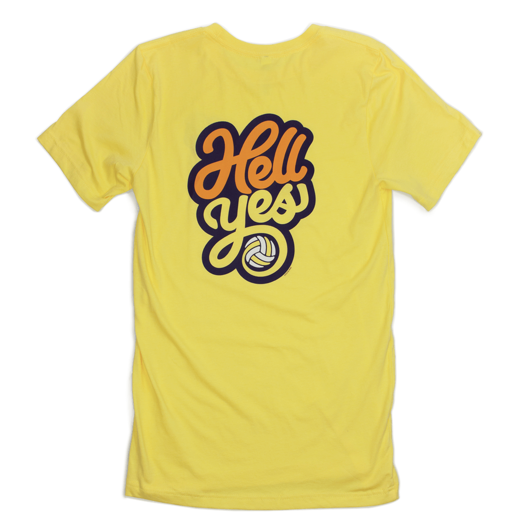 Hell Yes Volleyball T-shirt back T-shirt is yellow. Cool type treatment with the words Hell Yes and volleyball. The word hell is in orange. The word yes is yellow