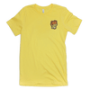 Hell Yes Volleyball T-shirt pocket design. TCool type treatment with the words Hell Yes and volleyball. Shirt is yellow. The word hell is in orange. The word yes is yellow