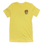 Hell Yes Volleyball T-shirt pocket design. TCool type treatment with the words Hell Yes and volleyball. Shirt is yellow. The word hell is in orange. The word yes is yellow