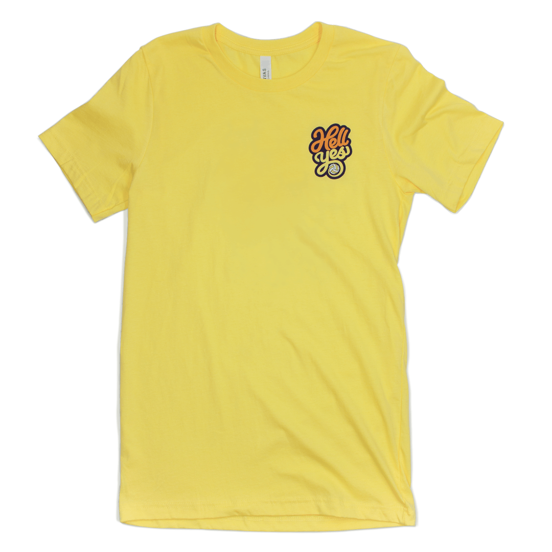 Hell Yes Volleyball T-shirt pocket design. TCool type treatment with the words Hell Yes and volleyball. Shirt is yellow. The word hell is in orange. The word yes is yellow