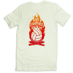 No campfires graphic volleyball t-shirt. Back design features volleyball panels as flames in shirt color in the middle of campfire. Type reads, "only you can prevent defensive breakdowns." T-shirt is citron - a very light green. Graphic is gradient of dar