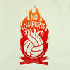 No campfires graphic volleyball t-shirt detail image. Design features volleyball panels as flames in shirt color in the middle of campfire. Type reads, "only you can prevent defensive breakdowns." T-shirt is citron - a very light green. Graphic is gradien