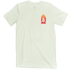 No campfires graphic volleyball t-shirt. Front pocket design features volleyball panels as flames in shirt color in the middle of campfire. Type reads, "only you can prevent defensive breakdowns." T-shirt is citron - a very light green. Graphic is gradien