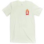 No campfires graphic volleyball t-shirt. Front pocket design features volleyball panels as flames in shirt color in the middle of campfire. Type reads, "only you can prevent defensive breakdowns." T-shirt is citron - a very light green. Graphic is gradien