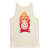 No campfires graphic volleyball tank top. Back design features volleyball panels as flames in shirt color in the middle of campfire. Type reads, "only you can prevent defensive breakdowns." Tank top is natural color. Graphic is gradient of dark red to ora
