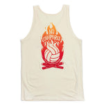 No campfires graphic volleyball tank top. Back design features volleyball panels as flames in shirt color in the middle of campfire. Type reads, "only you can prevent defensive breakdowns." Tank top is natural color. Graphic is gradient of dark red to ora