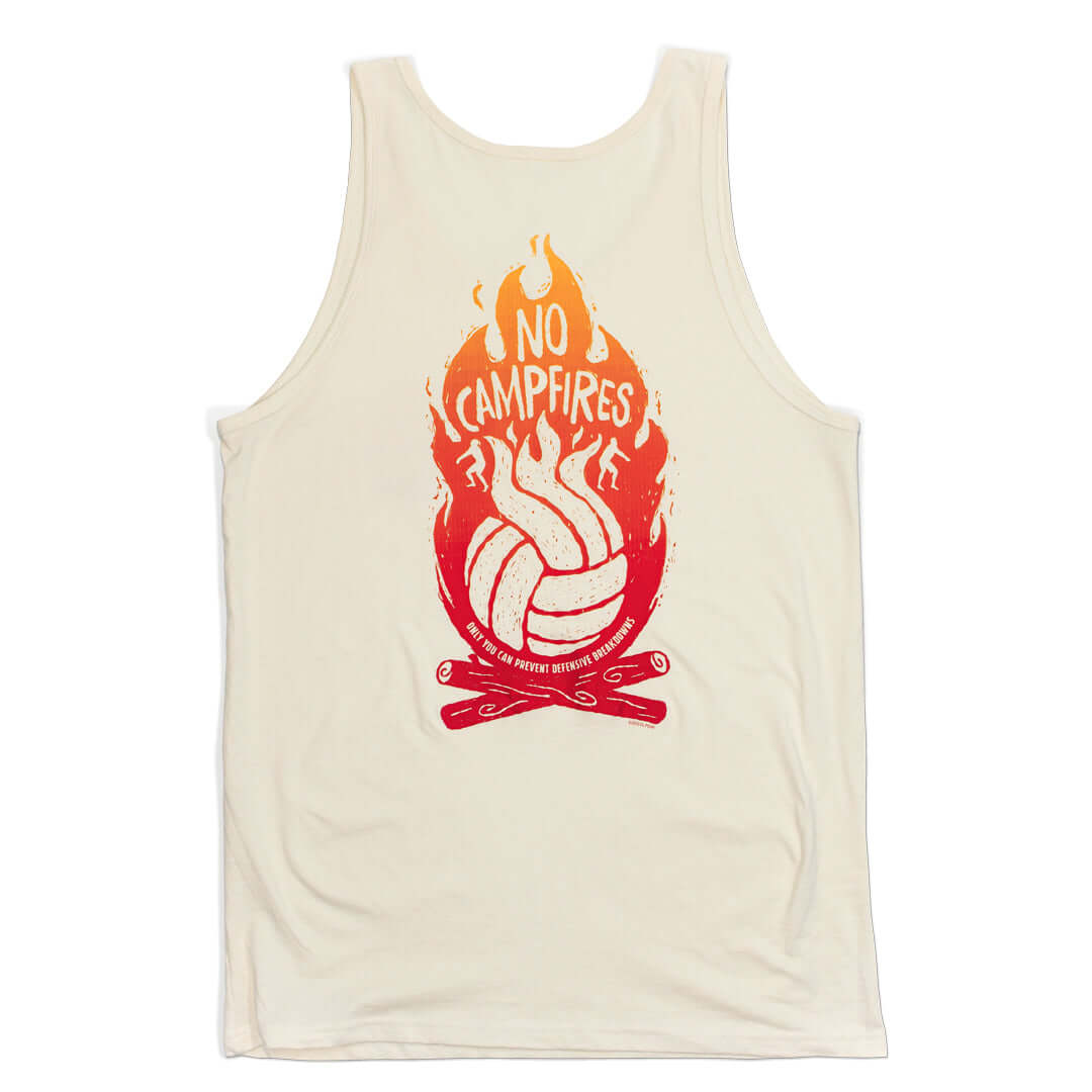 No campfires graphic volleyball tank top. Back design features volleyball panels as flames in shirt color in the middle of campfire. Type reads, "only you can prevent defensive breakdowns." Tank top is natural color. Graphic is gradient of dark red to ora