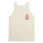 No campfires graphic volleyball tank top. Front Pocket design features volleyball panels as flames in shirt color in the middle of campfire. Type reads, "only you can prevent defensive breakdowns." Tank top is natural color. Graphic is gradient of dark re