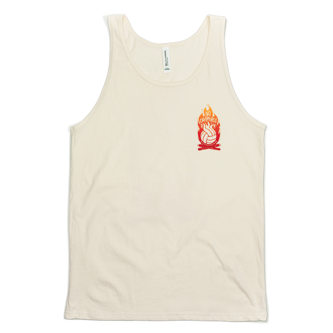 No campfires graphic volleyball tank top. Front Pocket design features volleyball panels as flames in shirt color in the middle of campfire. Type reads, "only you can prevent defensive breakdowns." Tank top is natural color. Graphic is gradient of dark re