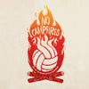 No campfires graphic women's volleyball tank detail of art. The design features volleyball panels as flames in shirt color in the middle of campfire. Type reads, "only you can prevent defensive breakdowns." Tank top is natural color. Graphic is gradient o