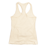 Back of women's tank top. No graphic or printing on tank top back. Tank top is natural color.