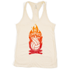No campfires graphic women's volleyball tank. Front design features volleyball panels as flames in shirt color in the middle of campfire. Type reads, "only you can prevent defensive breakdowns." Tank top is natural color. Graphic is gradient of dark red t