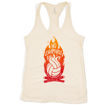 No campfires graphic women's volleyball tank. Front design features volleyball panels as flames in shirt color in the middle of campfire. Type reads, "only you can prevent defensive breakdowns." Tank top is natural color. Graphic is gradient of dark red t