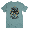 Nothing drops volleyball men's t-shirt in dusty blue color. Graphic is an octopus keeping multiple volleyball in the air. Octopus is dark gray; almost black. Eyes are red. Volleyballs are yellow. Shirt is dusty blue; a muted dark green-blue color.
