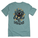 Nothing drops volleyball men's t-shirt in dusty blue color. Graphic is an octopus keeping multiple volleyball in the air. Octopus is dark gray; almost black. Eyes are red. Volleyballs are yellow. Shirt is dusty blue; a muted dark green-blue color.