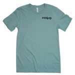 Nothing Drops volleyball men's t-shirt front; dusty blue color. Pocket graphic is Voly's logo. Shirt is Dusty Blue color; a muted dark green-blue color.