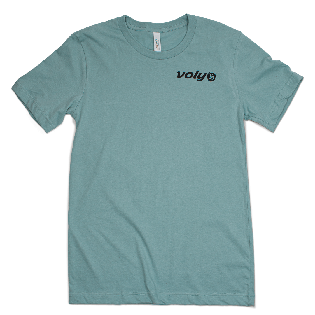 Nothing Drops volleyball men's t-shirt front; dusty blue color. Pocket graphic is Voly's logo. Shirt is Dusty Blue color; a muted dark green-blue color.