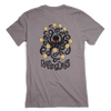 Nothing drops volleyball men's t-shirt in pebble color. Back graphic is an octopus keeping multiple volleyball in the air. Octopus is dark gray; almost black. Eyes are red. Volleyballs are yellow. Shirt is pebble color which is a gray with a red purple ti
