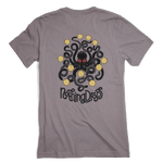 Nothing drops volleyball men's t-shirt in pebble color. Back graphic is an octopus keeping multiple volleyball in the air. Octopus is dark gray; almost black. Eyes are red. Volleyballs are yellow. Shirt is pebble color which is a gray with a red purple ti