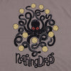 Nothing drops volleyball men's t-shirt detail art. Pebble color shirt. Graphic is an octopus keeping multiple volleyball in the air. Octopus is dark gray; almost black. Eyes are red. Volleyballs are yellow. Shirt is pebble color which is a gray with a red