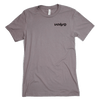 Nothing Drops volleyball men's t-shirt front; pebble color. Pocket graphic is Voly's logo. Shirt is pebble color; a gray with a red purple tinge.