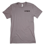 Nothing Drops volleyball men's t-shirt front; pebble color. Pocket graphic is Voly's logo. Shirt is pebble color; a gray with a red purple tinge.