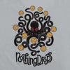 Nothing drops volleyball men's tank top detail of graphic. Art is an octopus keeping multiple volleyball in the air. The words "Nothing Drops" is below the art. Octopus is dark gray; almost black. Eyes are red. Volleyballs are yellow. Tank top is silver.