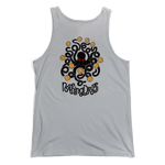Nothing drops volleyball men's tank top. Graphic is an octopus keeping multiple volleyball in the air. The words "nothing drops" is below art. Octopus is dark gray; almost black. Eyes are red. Volleyballs are yellow. Tank top is silver.