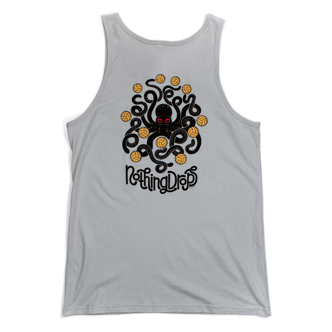 Nothing drops volleyball men's tank top. Graphic is an octopus keeping multiple volleyball in the air. The words "nothing drops" is below art. Octopus is dark gray; almost black. Eyes are red. Volleyballs are yellow. Tank top is silver.
