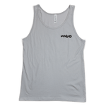 Nothing drops volleyball men's tank top front. Pocket design features Voly logo in black. Tank top is silver.
