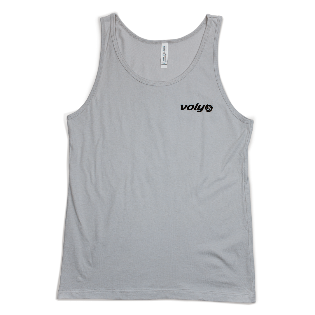 Nothing drops volleyball men's tank top front. Pocket design features Voly logo in black. Tank top is silver.