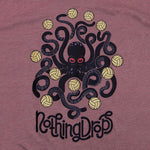 Nothing drops volleyball women's tank top graphic detail. Front graphic is an octopus keeping multiple volleyball in the air. Octopus is dark gray; almost black. Eyes are red. Volleyballs are yellow. Tank top is heather mauve.