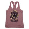 Nothing drops volleyball women's tank top in heather mauve tee. Front graphic is an octopus keeping multiple volleyball in the air. Octopus is dark gray; almost black. Eyes are red. Volleyballs are yellow. Tank top is heather mauve.