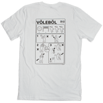 Ikea paraody t-shirt art showing how to play volleyball in the style of Ikea instructions. Back of shirt design. Shirt is white. Art is black.