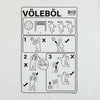 Ikea parody t-shirt detail of art. Art features humorous instructions on how to play volleyball in the style of Ikea instruction manual.