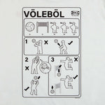 Ikea parody t-shirt detail of art. Art features humorous instructions on how to play volleyball in the style of Ikea instruction manual.
