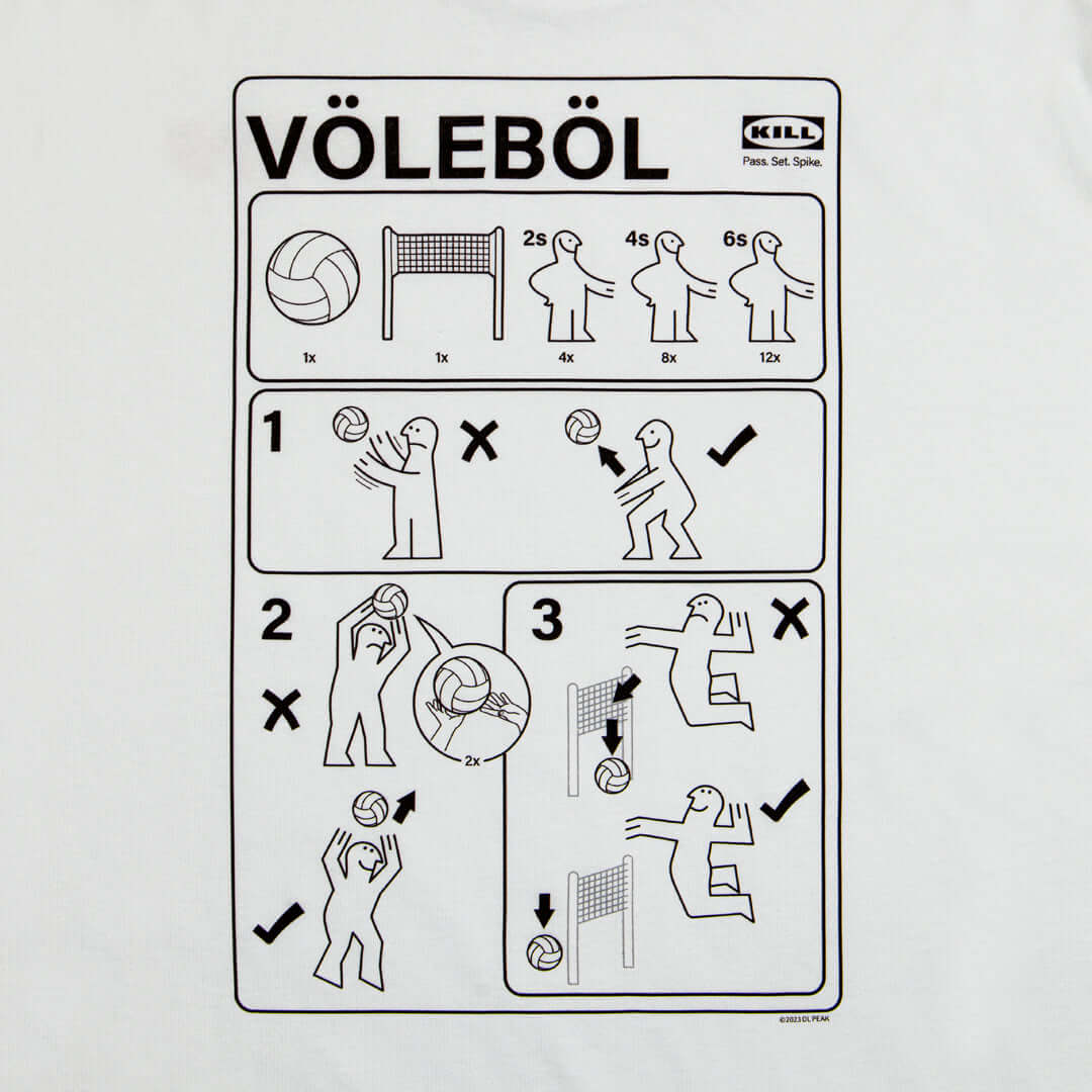 Ikea parody t-shirt detail of art. Art features humorous instructions on how to play volleyball in the style of Ikea instruction manual.