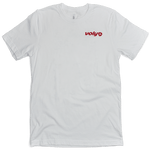 Ikea parody t-shirt. Front of shirt. Pocket design features Voly logo in red. Shirt is white.