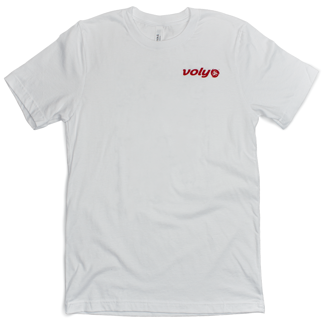 Ikea parody t-shirt. Front of shirt. Pocket design features Voly logo in red. Shirt is white.