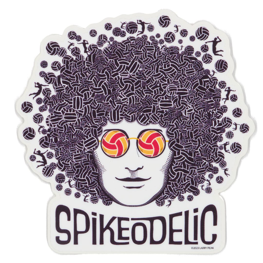 Spikeodelic volleyball graphic sticker. Art is man's face with afro made from volleyballs and players spiking volleyballs. Man's glasses are round and feature volleyballs. The words "Spikeodelic" are below the graphic. The majority of the art is dark purp